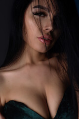 Naklejka premium Sensual woman face, beautiful girl. Young woman look sensual. Charming beauty sexy lady with beauty sensual face. Fashion model. Studio portrait of sensual girl in studio.