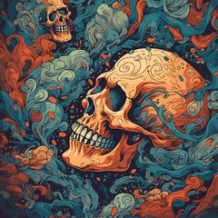 Skull and Bones Floral Texture Red and Green Background - Skeleton Illustration