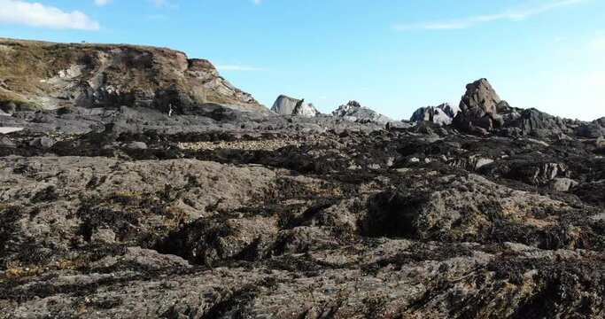 Aerial Low Flying Over Rugged Shoreline Rocks At Thurlestone In South Devon During Low Tide. Dolly Forward