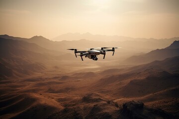 Fototapeta na wymiar Military Drone in action flying over terrain. Generative AI