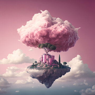 Pink Castle on a  Shard of Rock floating in a pink fluffy cloud