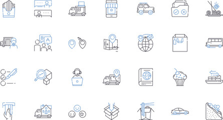 Material handling line icons collection. Warehouse, Forklift, Conveyor, Pallets, Loading, Unloading, Packaging vector and linear illustration. Crates,Lifts,Storage outline signs set