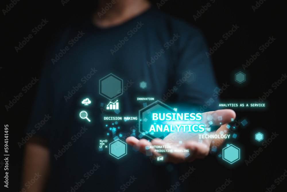 Poster Business Analytics (BA) technology leverages data mining, automation, and predictive modeling to provide insights for informed decision-making. This concept is depicted with icons on a virtual screen.