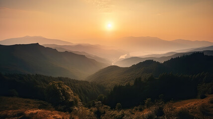 Obraz premium sunrise in the mountains with fog. calm mood. Generative AI