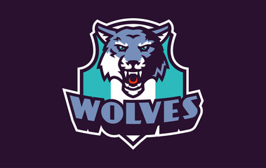 Sports logo with wolf mascot. Colorful sport emblem with wolf mascot and bold font on shield background. Logo for esport team, athletic club, college team. Isolated vector illustration