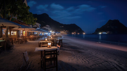 Fototapeta na wymiar cafes and restaurants on the beach promenade at night. Generative AI