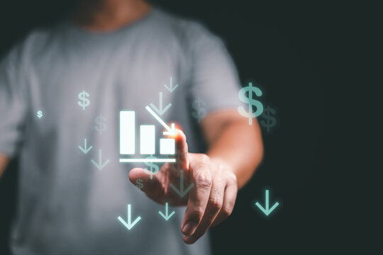Cost reduction business finance concept. Dollar symbols and down arrow.