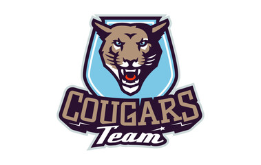 Sports logo with cougar mascot. Colorful sport emblem with cougar, puma mascot and bold font on shield background. Logo for esport team, athletic club, college team. Isolated vector illustration