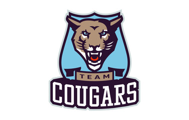 Sports logo with cougar mascot. Colorful sport emblem with cougar, puma mascot and bold font on shield background. Logo for esport team, athletic club, college team. Isolated vector illustration