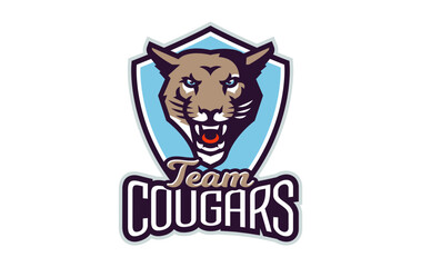 Sports logo with cougar mascot. Colorful sport emblem with cougar, puma mascot and bold font on shield background. Logo for esport team, athletic club, college team. Isolated vector illustration
