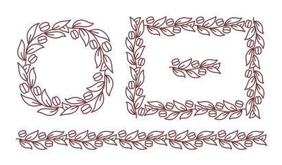 Coffee pattern set. Floral ornament. Coffea design elements. Editable outline stroke. Vector line.