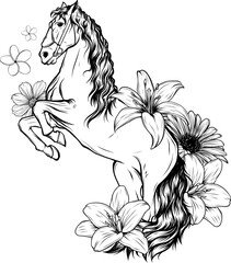 monochrome Beautiful horse with flower. Vector drawn illustration