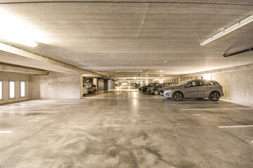 an empty parking area with cars parked in the space on the left and right hand corners to the right