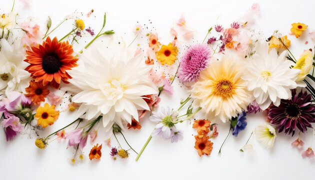 Beautiful flowers on white background, Floral background, Spring greeting card, Birthday, Mother's Day, Generative AI