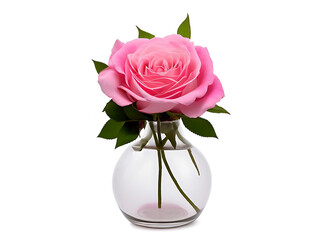 Pink rose in the vase on white background. Generative ai