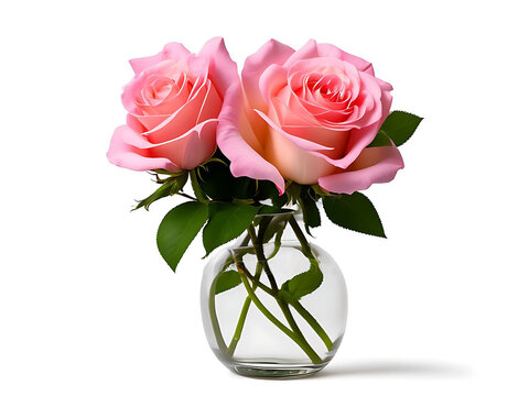 Pink rose in the vase on white background. Generative ai