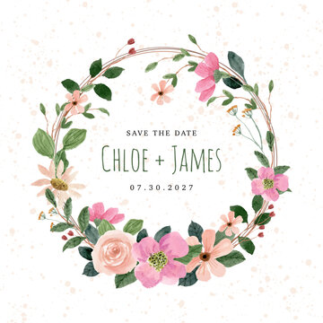 save the date with pink peach watercolor floral wreath