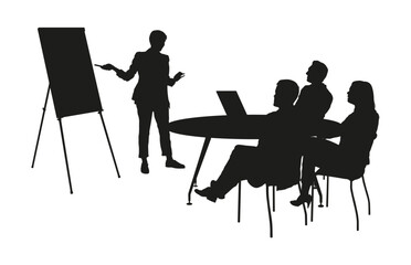 Fototapeta premium Businesswoman team leader giving flip chart presentation in front of his team vector silhouette.
