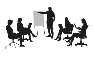 Businessman leader giving a presentation and pointing on flip chart conference meeting concept vector silhouette.
