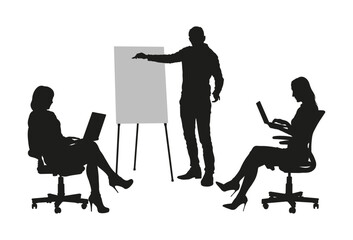 Businessman team leader giving flip chart presentation in front of his team vector silhouette.
