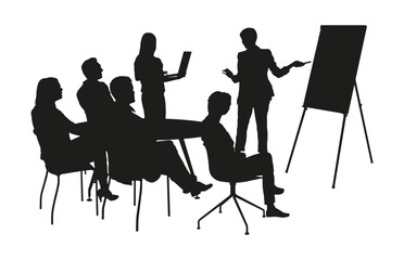 Business meeting and presentation in office vector silhouette.