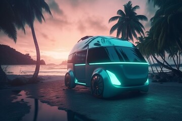 concept of futuristic electric electric camper van in  in tropical island , automotive , Generative AI