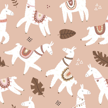 Vector seamless pattern with cute lamas in bright colors in boho style. Cute cartoon lama. Ideal for children's printed materials.