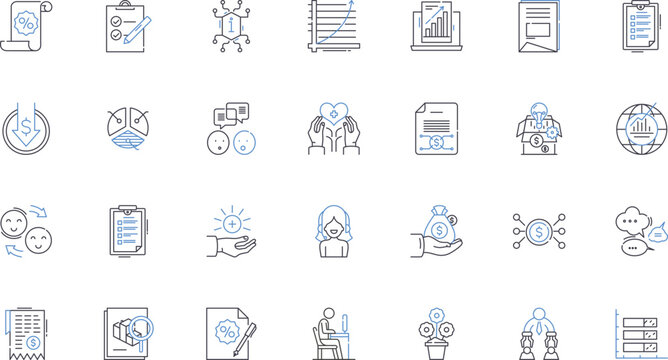 Review inspection line icons collection. Analysis, Evaluation, Scrutiny, Critique, Appraisal, Examination, Assessment vector and linear illustration. Audit,Survey,Feedback outline signs set