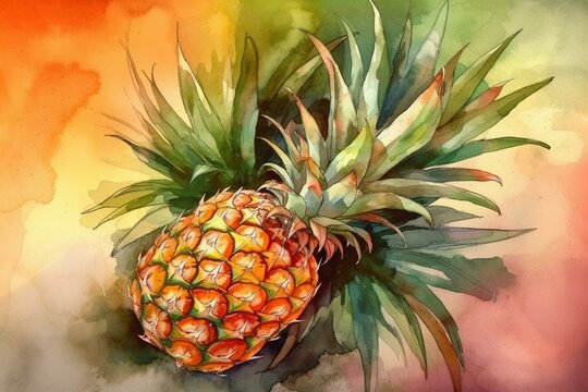 Pineapple on orange background. Watercolor illustration. Generative AI