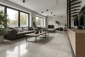 Fototapeta na wymiar Interior of a modern living-room with ceramic floor. Generative AI