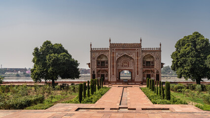 The building in the complex of the tomb of Itmad-Ud-Daula, built of red sandstone, by the river....