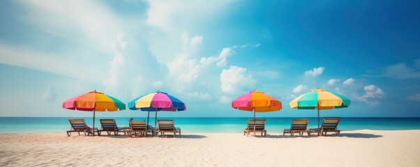 Summer Chairs and umbrellas on tropical sea and beach with blue sky background. Generative AI - obrazy, fototapety, plakaty