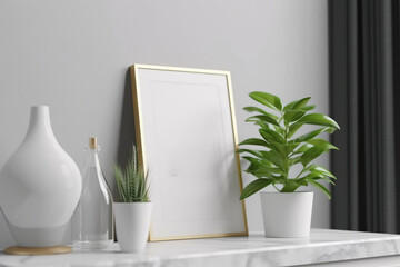 White frame mockup in stylish interior with greenery and trendy vase,  Generative AI