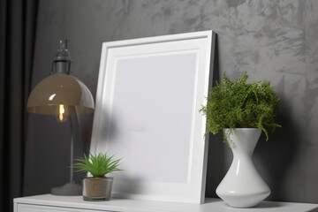frame mockup in stylish interior with greenery and trendy vase,  Generative AI