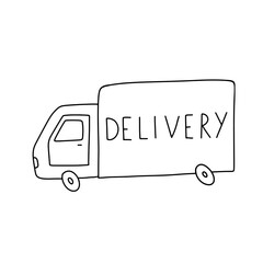 Hand drawn delivery truck icon isolated on white. Funny doodle illustration
