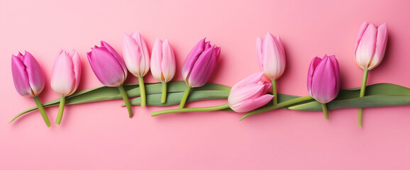Obraz na płótnie Canvas Spring tulip flowers on pink background top view in flat lay style, Greeting for Womens or Mothers Day or Spring Sale Banner, Generative AI