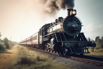 Fototapeta na wymiar Vintage steam train locomotive in motion railway transport. Generative AI