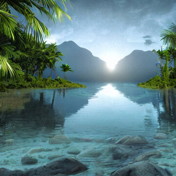 Reflection on mountain lake side viewpoint  