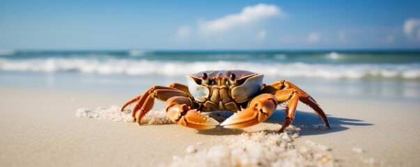 Obraz premium Crab sea marine on tropical sea and sandy beach blue sky background. Generative AI
