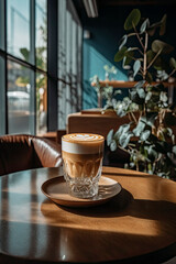 Dalgona coffee in a stylish urban cafe. AI Generated.