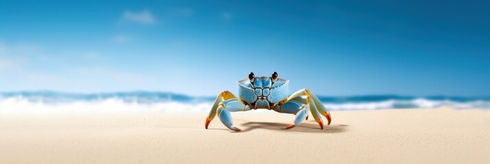 Crab sea marine on tropical sea and sandy beach blue sky background. Generative AI