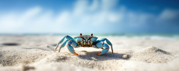Crab sea marine on tropical sea and sandy beach blue sky background. Generative AI