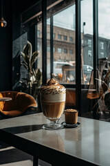 Dalgona coffee in a stylish urban cafe. AI Generated.