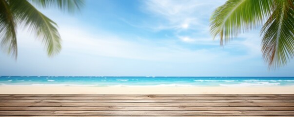 Empty wooden table with tropical sea and beach background. Generative Ai