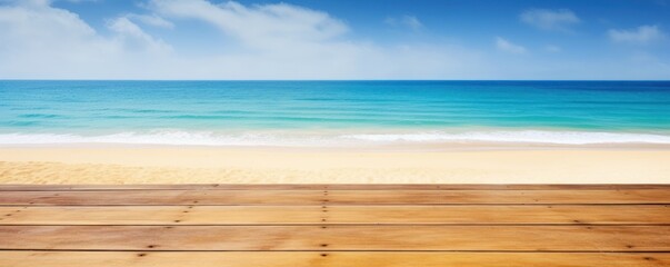 Fototapeta na wymiar Empty wooden table with tropical sea and beach background. Generative Ai