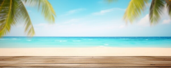 Obraz na płótnie Canvas Empty wooden table with tropical sea and beach background. Generative Ai