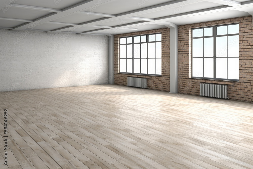Poster an empty room with natural light coming from two windows and a textured brick wall. generative ai