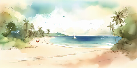 Fototapeta na wymiar a single image depicting ozy beautiful beach water color, Generative ai