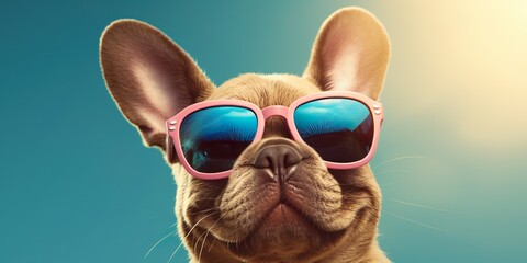 A puppy wearing sunglasses in summer sky background, Generative ai