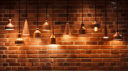 Many pendant lamps against a red brick wall